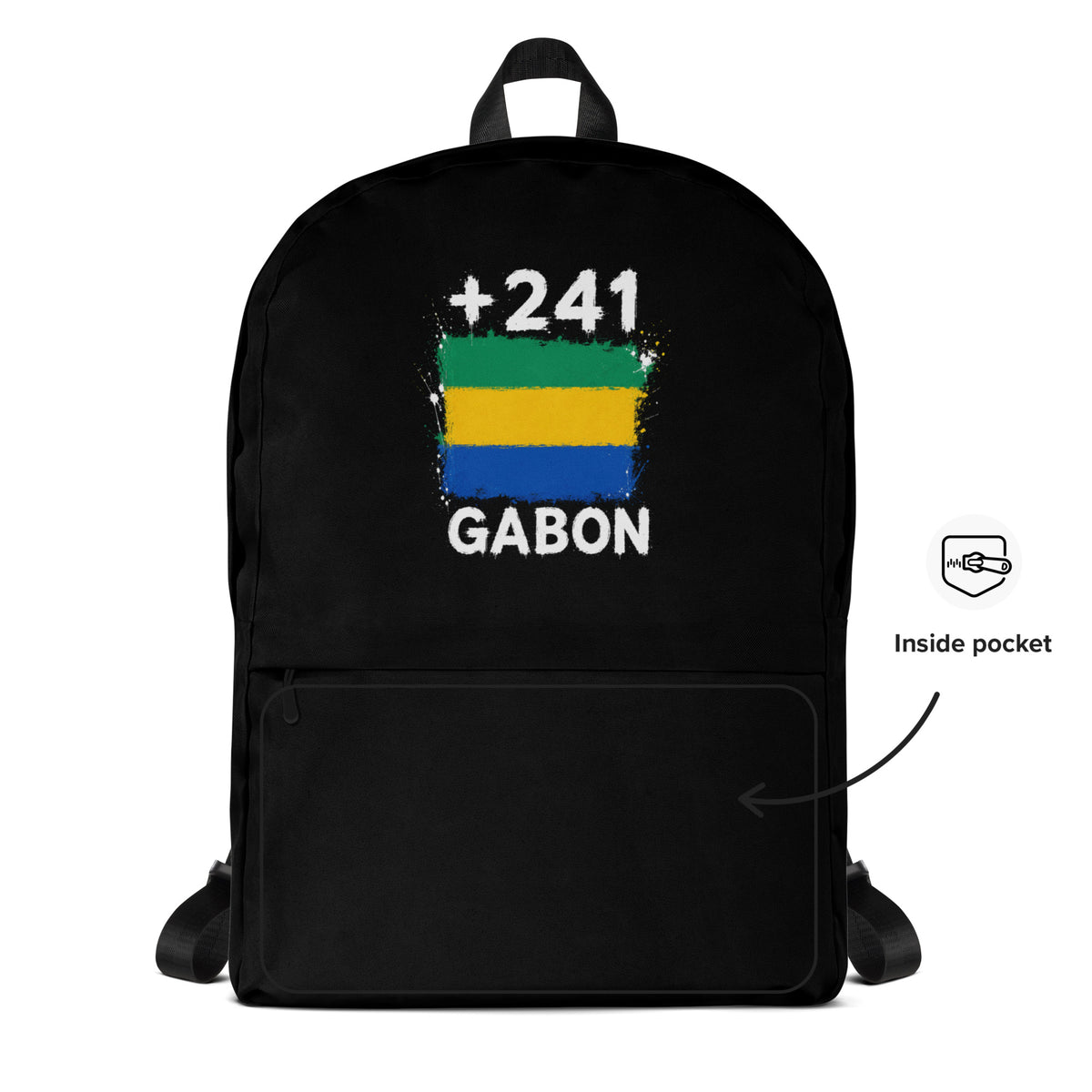 Sac à Dos Gabon +241 - Noir avec drapeau floqué effet éclaboussure de peinture - vue détaillée - Indicatif Fier