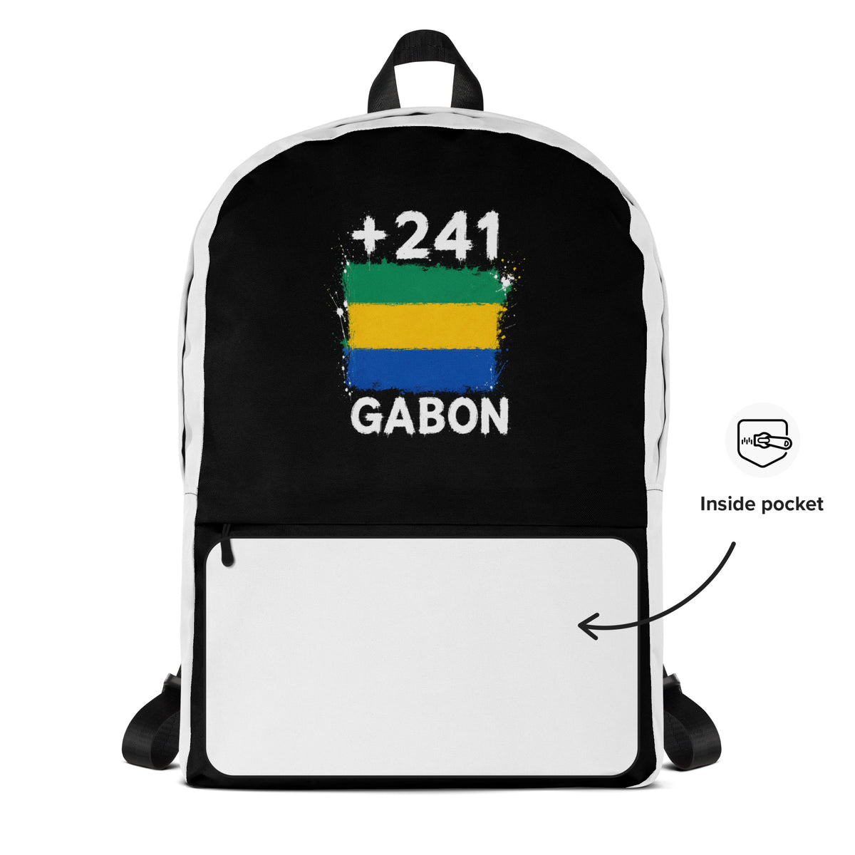 Sac à Dos Gabon +241 - Bicolore avec drapeau floqué effet éclaboussure de peinture - vue détaillée - Indicatif Fier