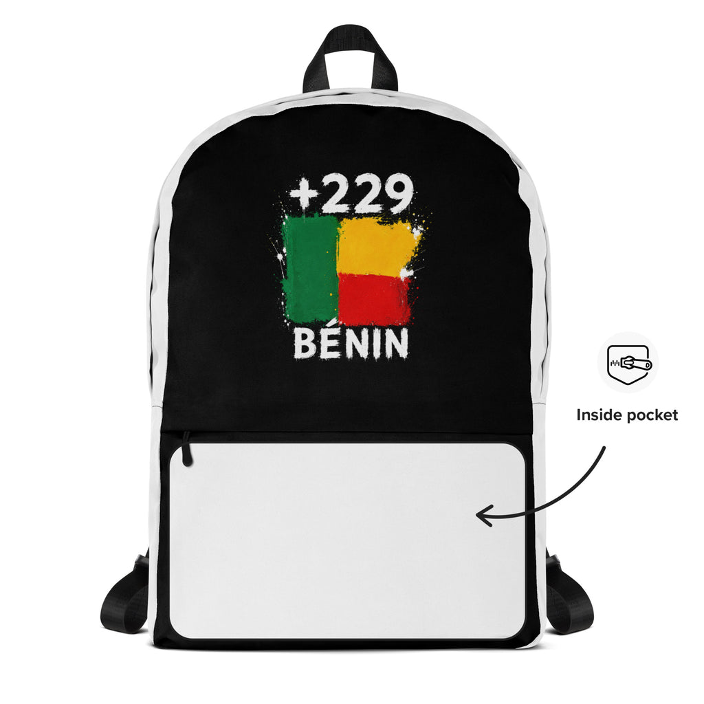 Sac à Dos Bénin +229 - Bicolore avec drapeau floqué effet éclaboussure de peinture - vue détaillée - Indicatif Fier