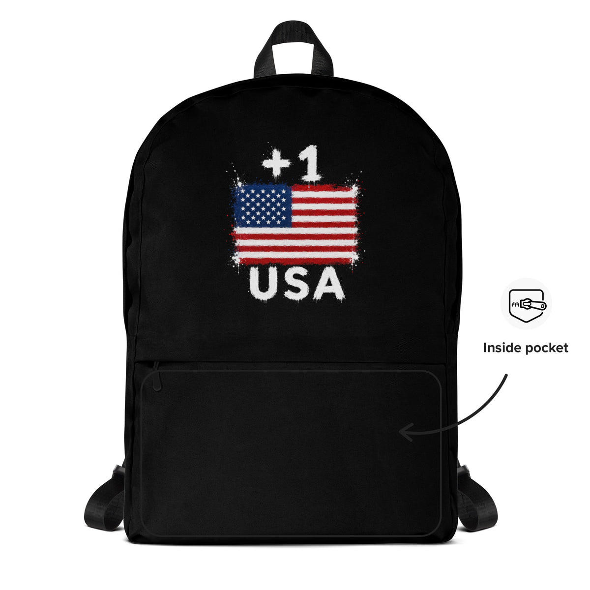 Sac à Dos USA +1 - Noir avec drapeau floqué effet éclaboussure de peinture - vue détaillée - Indicatif Fier