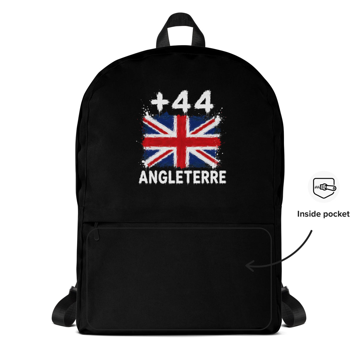 Sac à Dos Angleterre +44 - Noir avec drapeau floqué effet éclaboussure de peinture - vue détaillée - Indicatif Fier