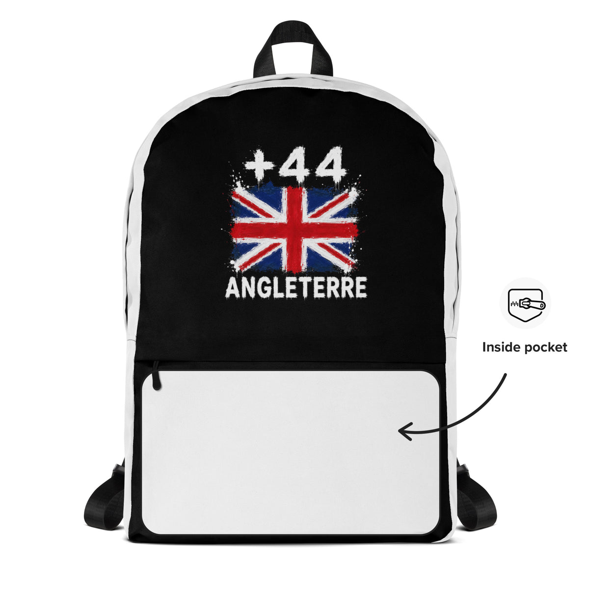 Sac à Dos Angleterre +44 - Bicolore avec drapeau floqué effet éclaboussure de peinture - vue détaillée - Indicatif Fier