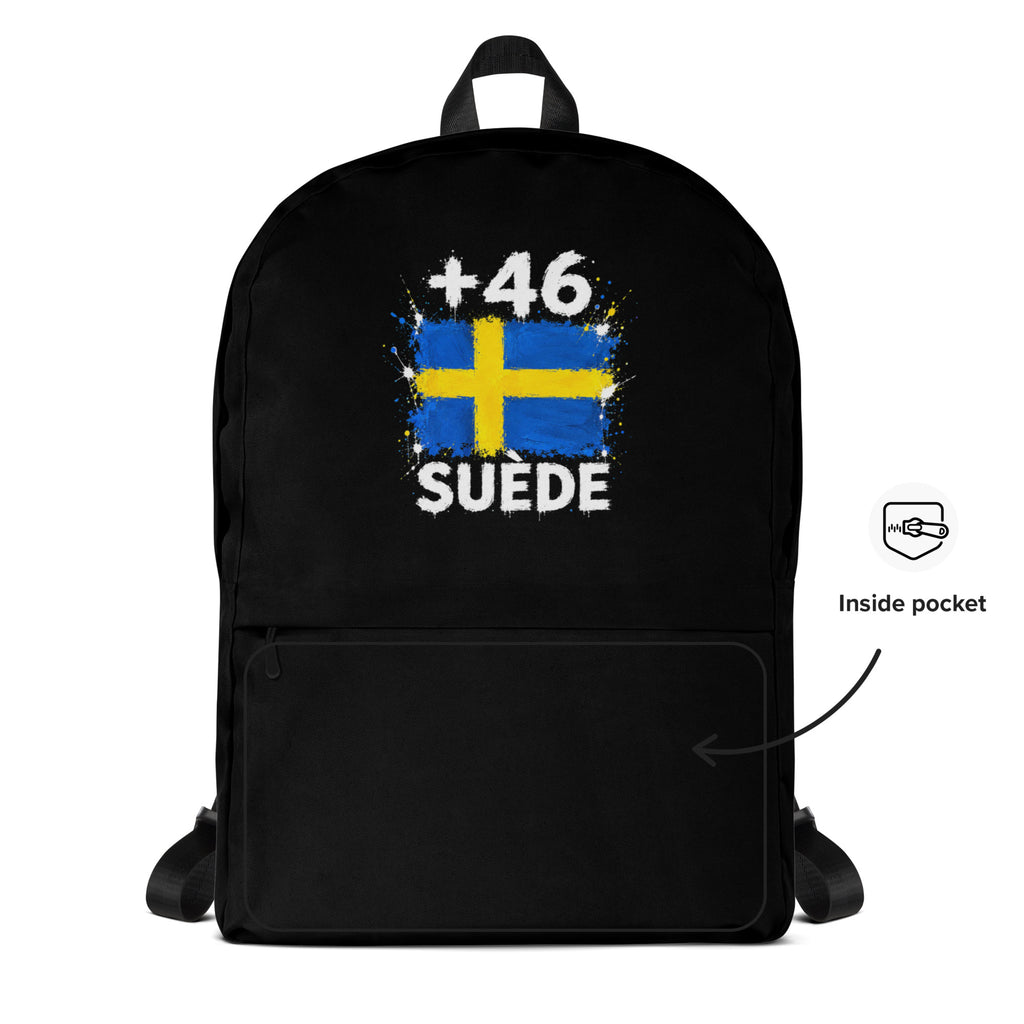 Sac à Dos Suède +46 - Noir avec drapeau floqué effet éclaboussure de peinture - vue détaillée - Indicatif Fier