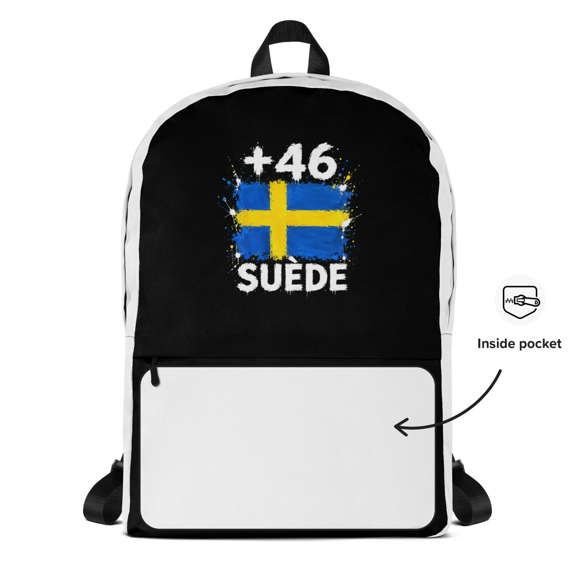Sac à Dos Suède +46 - Bicolore avec drapeau floqué effet éclaboussure de peinture - vue détaillée - Indicatif Fier
