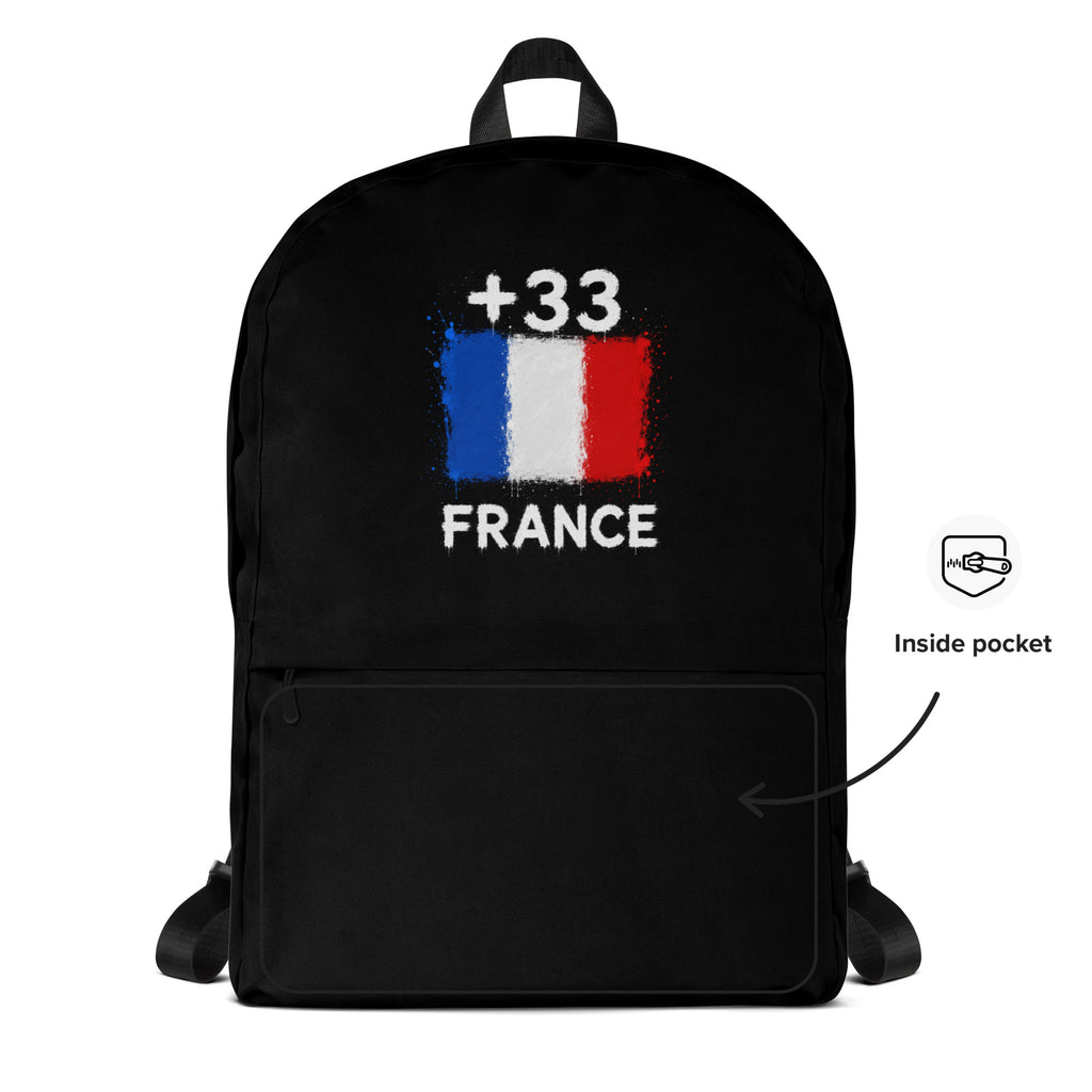 Sac à Dos France +33 - Noir avec drapeau floqué effet éclaboussure de peinture - vue détaillée - Indicatif Fier