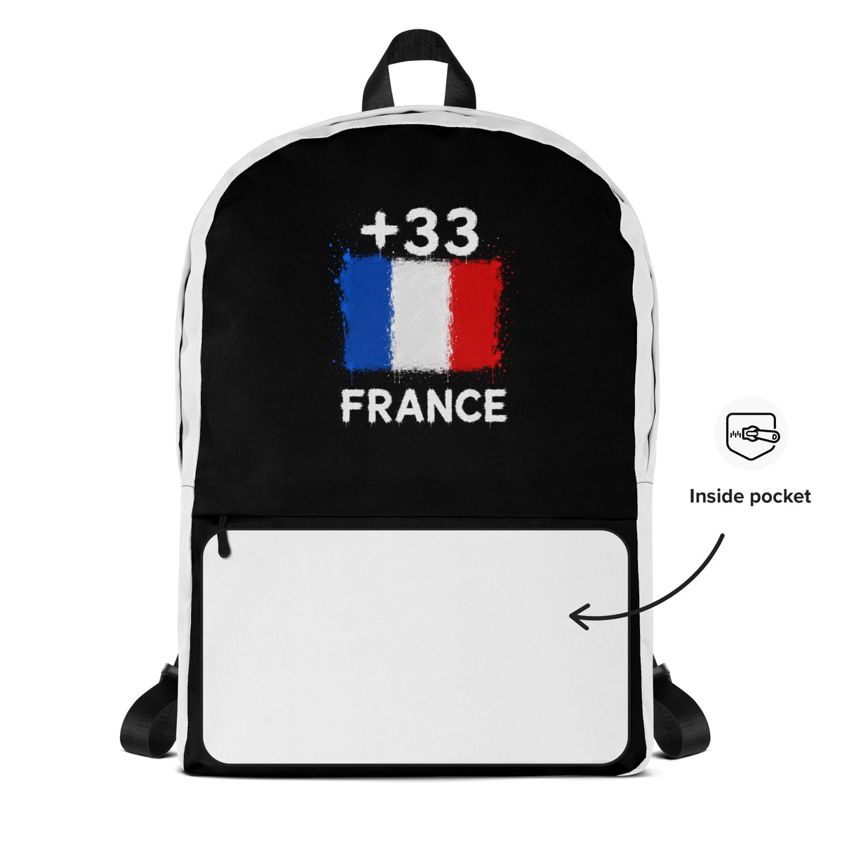 Sac à Dos France +33 - Bicolore avec drapeau floqué effet éclaboussure de peinture - vue détaillée - Indicatif Fier
