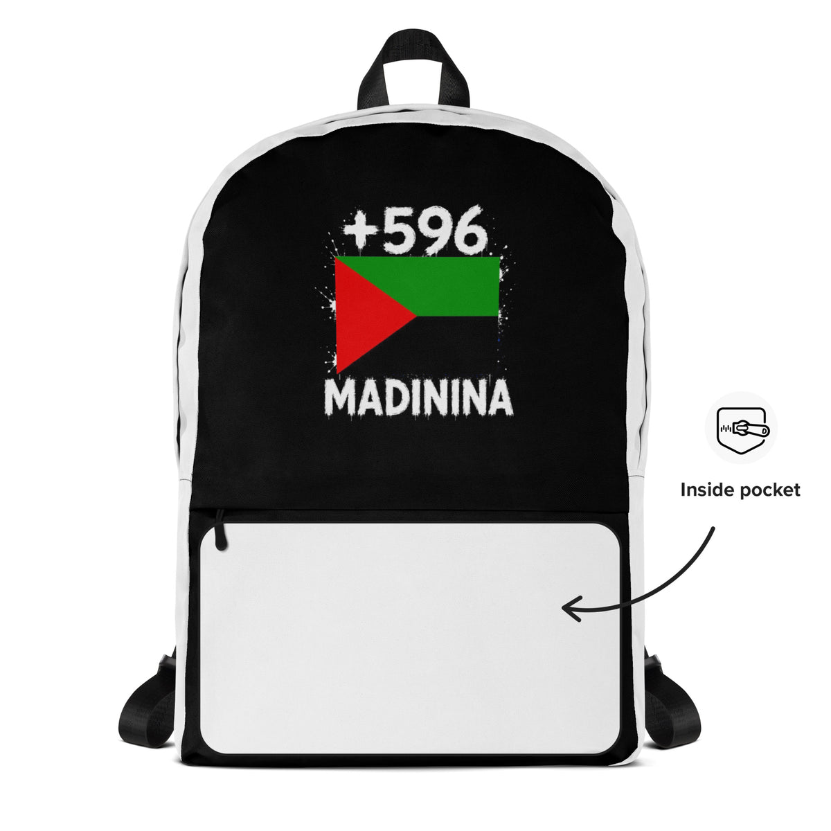 Sac à Dos Martinique +596 - Noir avec drapeau floqué effet éclaboussure de peinture - vue détaillée - Indicatif Fier