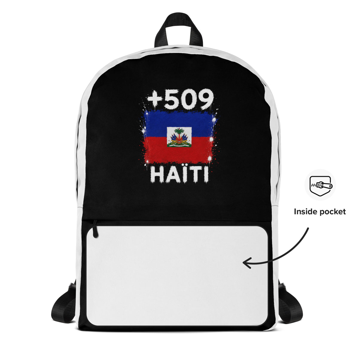 Sac à Dos Haïti +509 - Bicolore avec drapeau floqué effet éclaboussure de peinture - vue détaillée - Indicatif Fier
