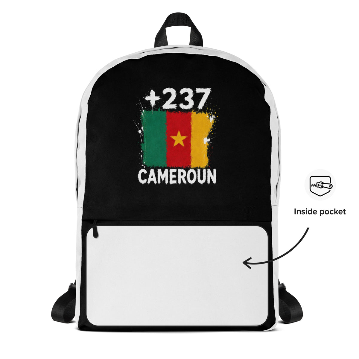 Sac à Dos Cameroun +237 - Bicolore avec drapeau floqué effet éclaboussure de peinture - vue détaillée - Indicatif Fier