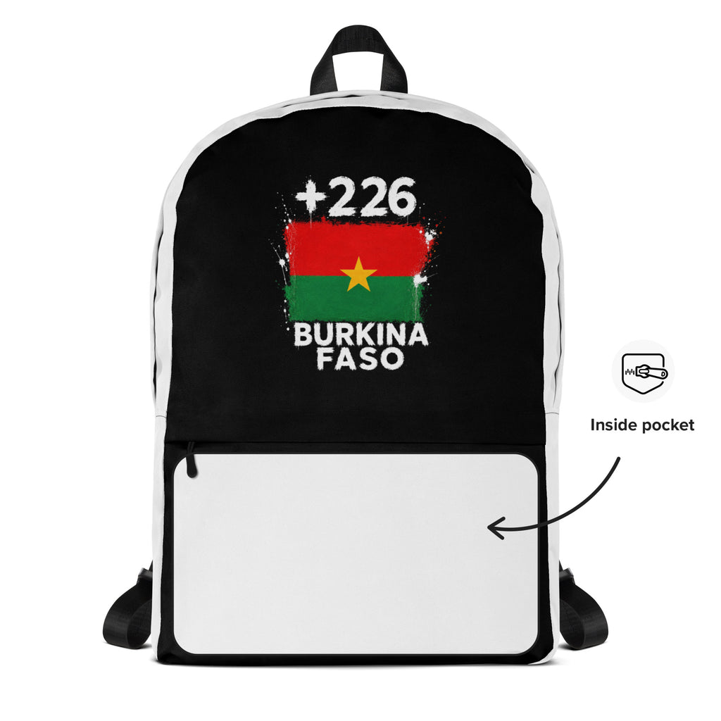 Sac à Dos Burkina Faso +226 - Bicolore avec drapeau floqué effet éclaboussure de peinture - vue détaillée - Indicatif Fier