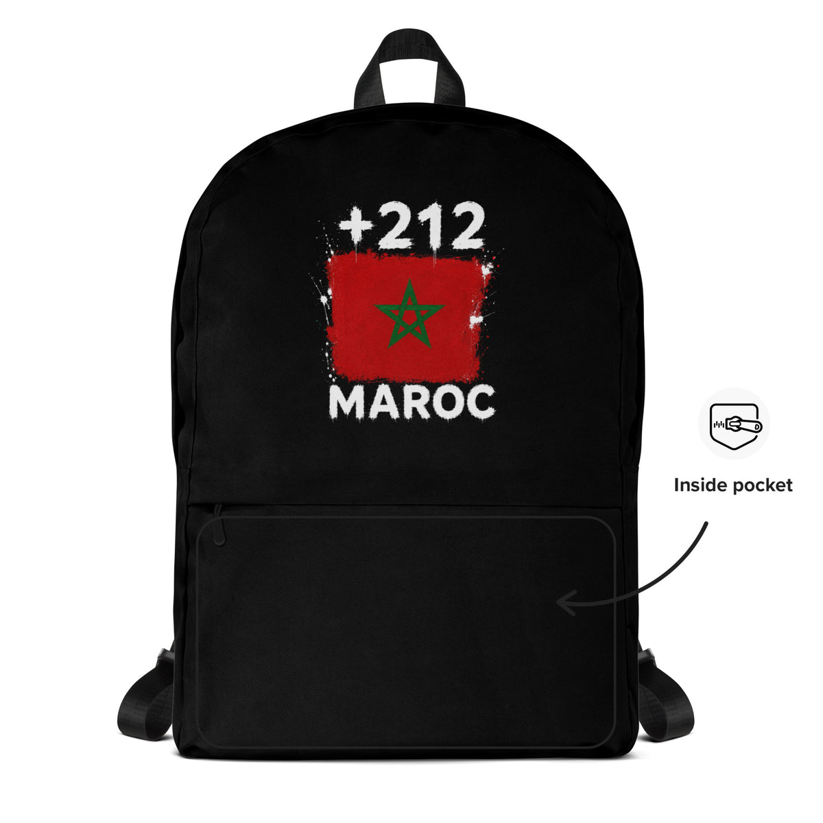 Sac à Dos Maroc +212 - Noir avec drapeau floqué effet éclaboussure de peinture - vue détaillée - Indicatif Fier