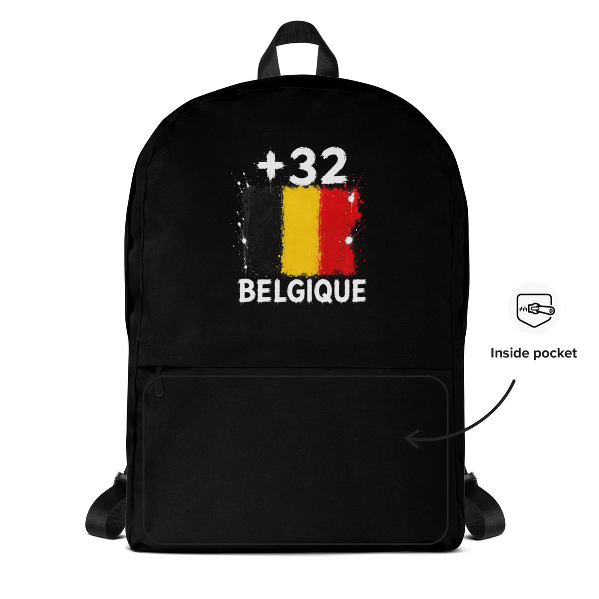 Sac à Dos Belgique +32 - Noir avec drapeau floqué effet éclaboussure de peinture - vue détaillée - Indicatif Fier