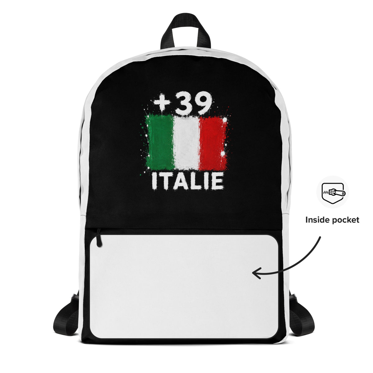 Sac à Dos Italie +39 - Bicolore avec drapeau floqué effet éclaboussure de peinture - vue détaillée - Indicatif Fier
