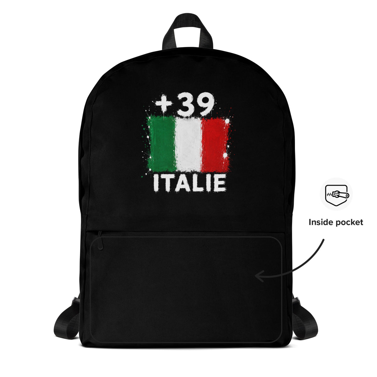Sac à Dos Italie +39 - Noir avec drapeau floqué effet éclaboussure de peinture - vue détaillée - Indicatif Fier
