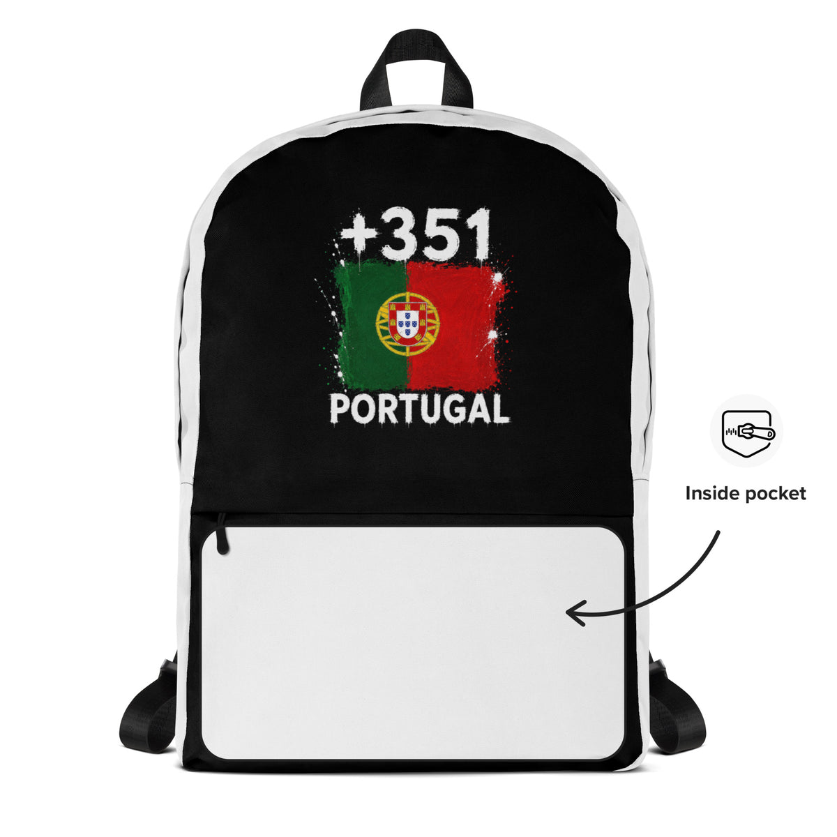 Sac à Dos Portugal +351 - Bicolore avec drapeau floqué effet éclaboussure de peinture - vue détaillée - Indicatif Fier