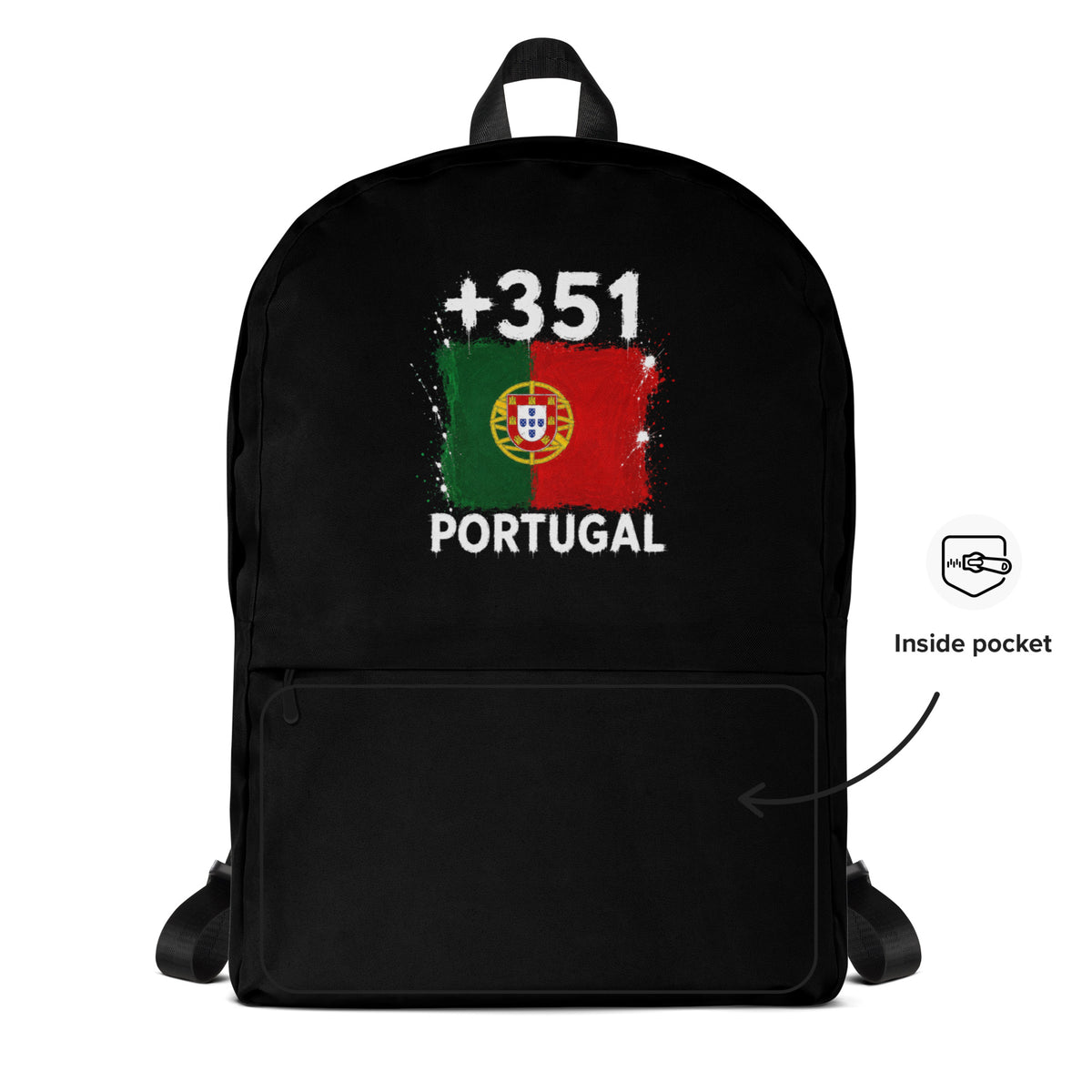 Sac à Dos Portugal +351 - Noir avec drapeau floqué effet éclaboussure de peinture - vue détaillée - Indicatif Fier
