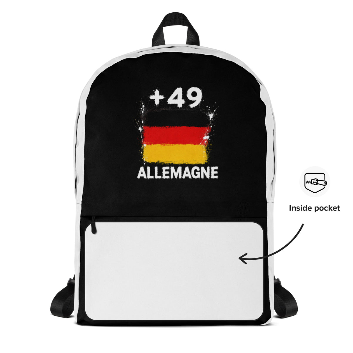 Sac à Dos Allemagne +49 - Bicolore avec drapeau floqué effet éclaboussure de peinture - vue détaillée - Indicatif Fier