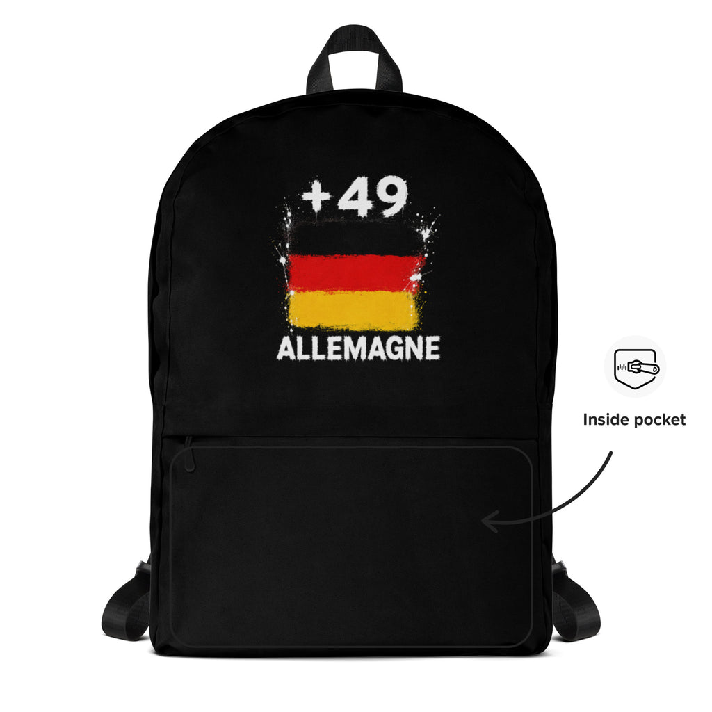 Sac à Dos Allemagne +49 - Noir avec drapeau floqué effet éclaboussure de peinture - vue détaillée - Indicatif Fier