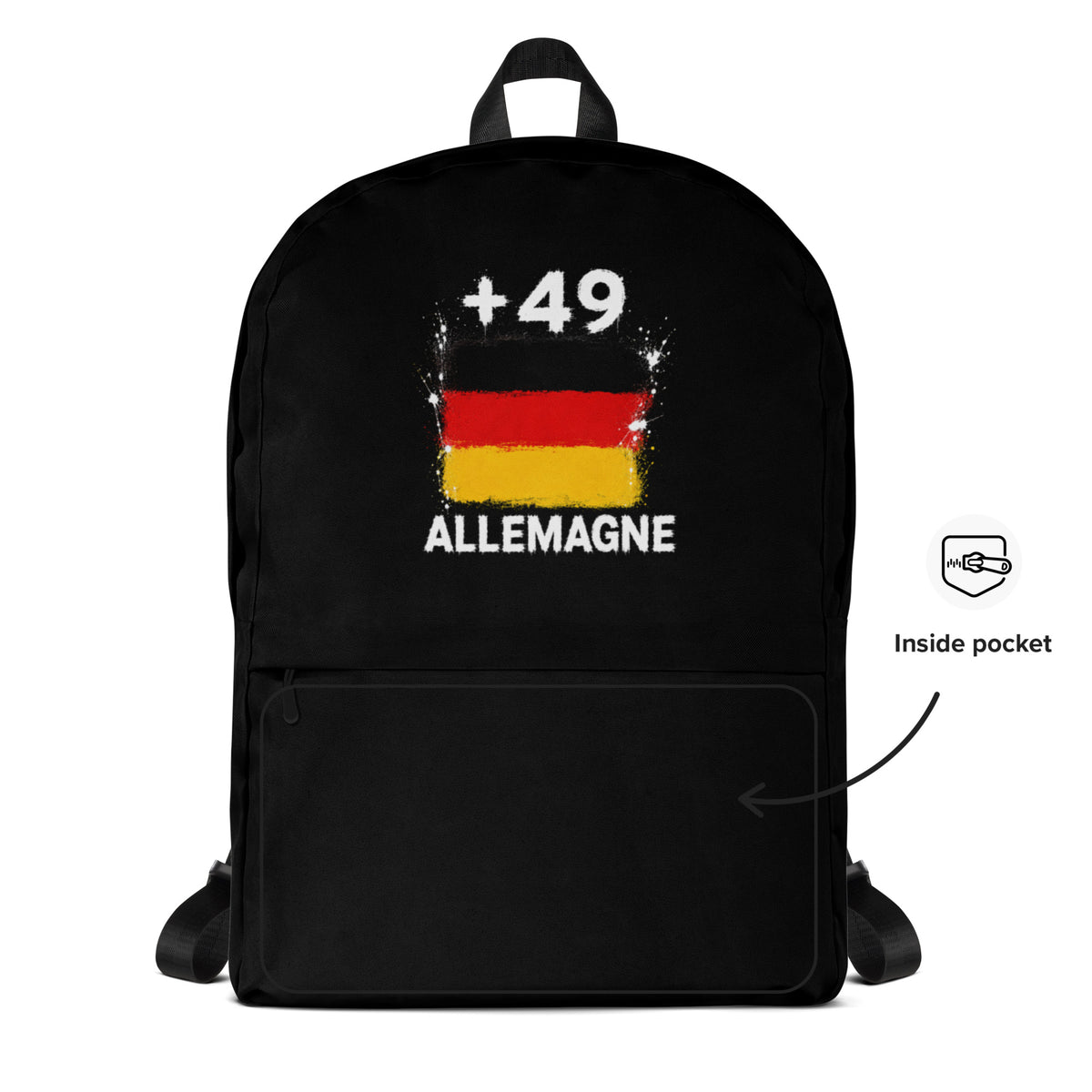 Sac à Dos Allemagne +49 - Noir avec drapeau floqué effet éclaboussure de peinture - vue détaillée - Indicatif Fier