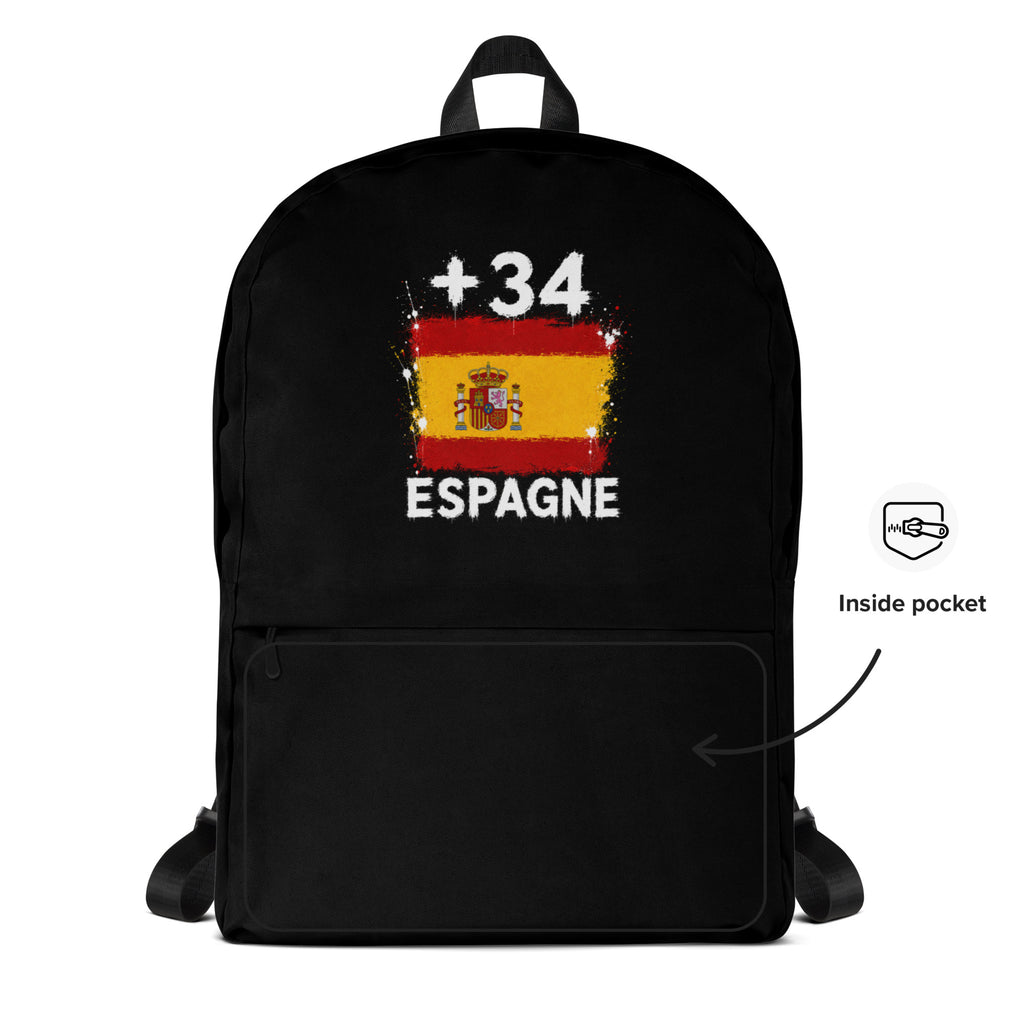 Sac à Dos Espagne +34 - Noir avec drapeau floqué effet éclaboussure de peinture - vue détaillée - Indicatif Fier