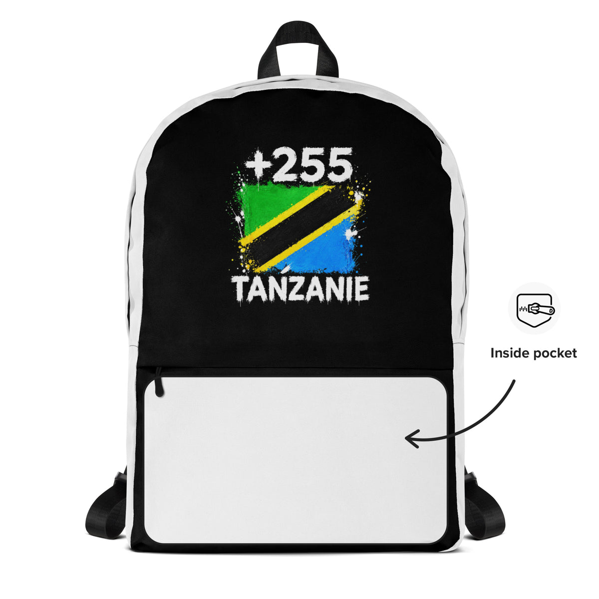 Sac à Dos Tanzanie +255 - Bicolore avec drapeau floqué effet éclaboussure de peinture - vue détaillée - Indicatif Fier
