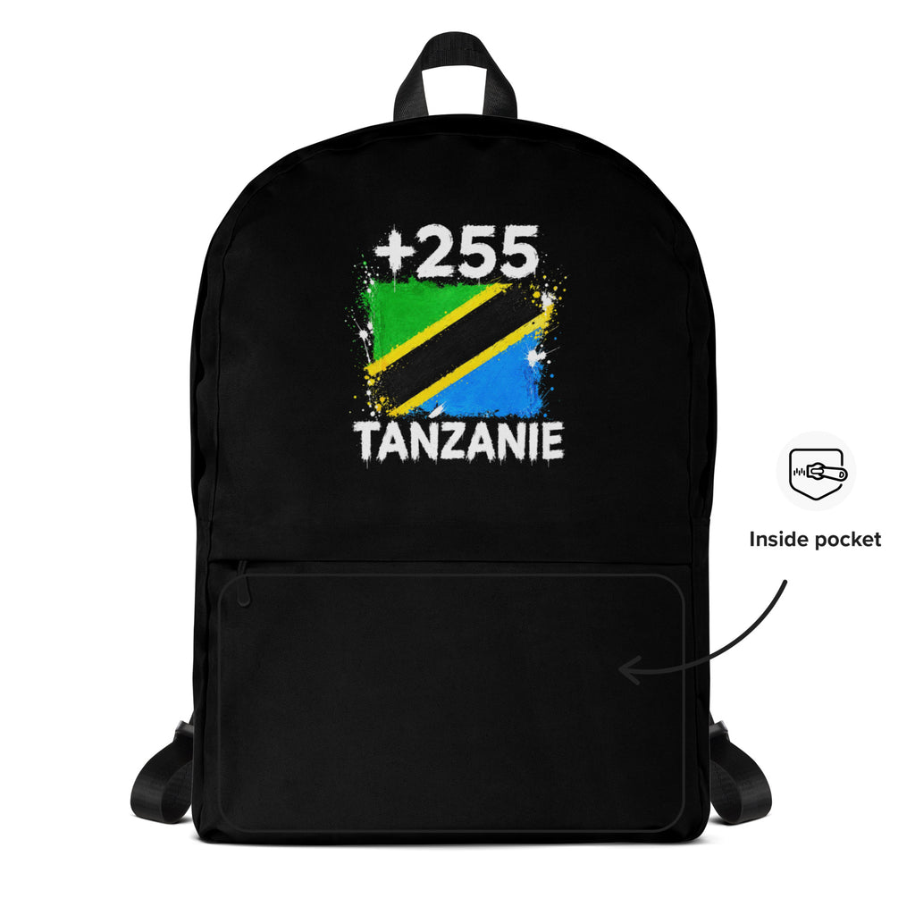 Sac à Dos Tanzanie +255 - Noir avec drapeau floqué effet éclaboussure de peinture - vue détaillée - Indicatif Fier