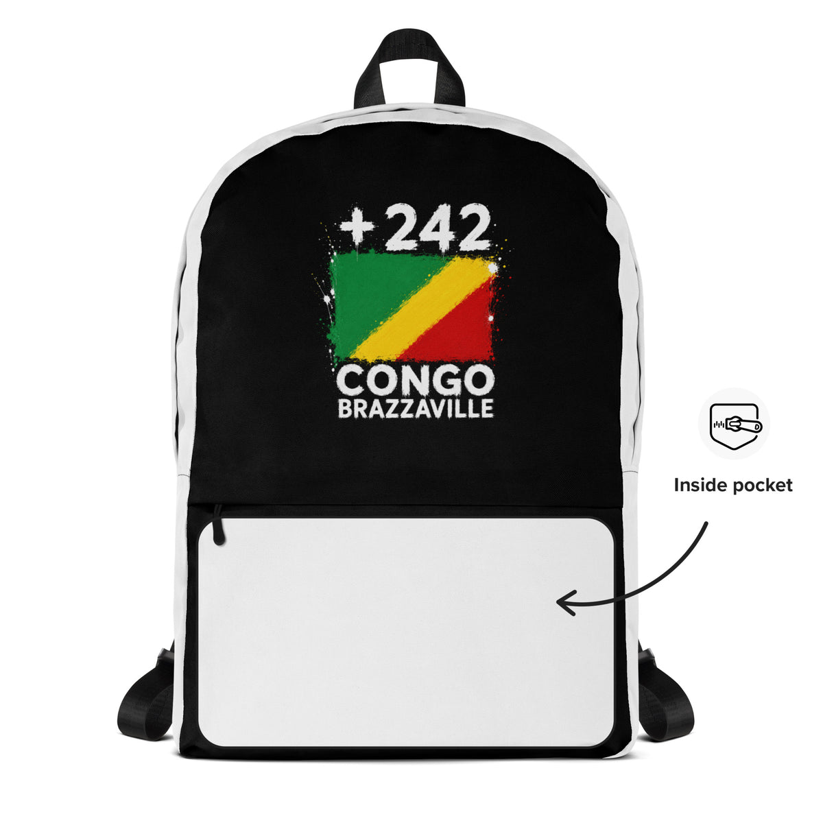 Sac à Dos Congo Brazzaville +242 - Bicolore avec drapeau floqué effet éclaboussure de peinture - vue détaillée - Indicatif Fier