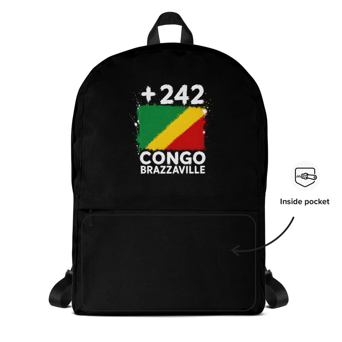 Sac à Dos Congo Brazzaville +242 - Noir avec drapeau floqué effet éclaboussure de peinture - vue détaillée - Indicatif Fier