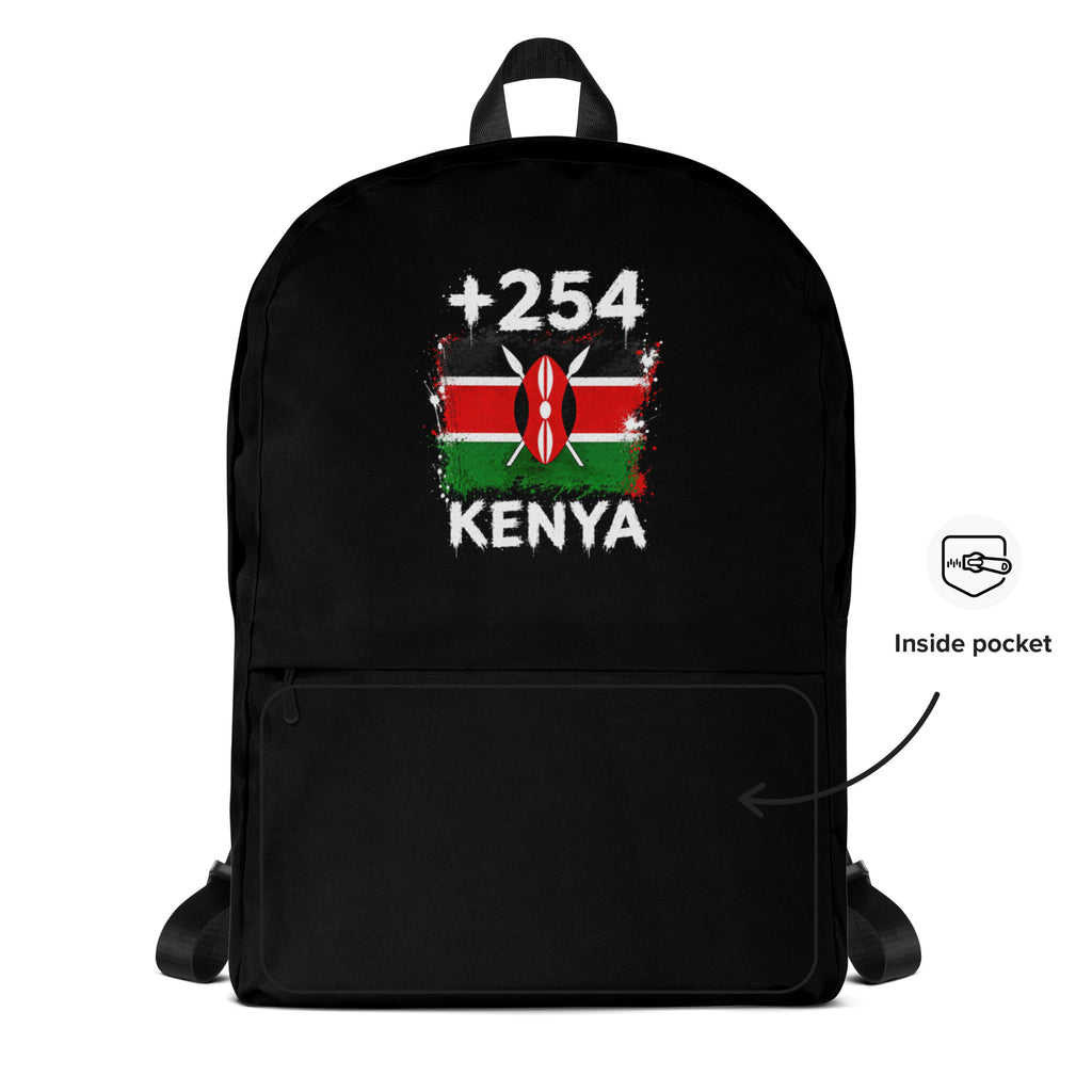 Sac à Dos Kenya +254 - Noir avec drapeau floqué effet éclaboussure de peinture - vue détaillée - Indicatif Fier