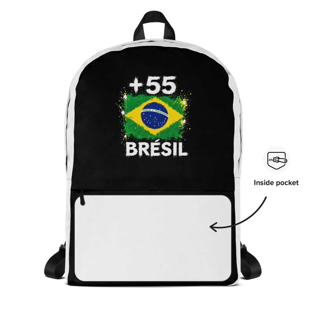 Sac à Dos Brésil +55 - Bicolore avec drapeau floqué effet éclaboussure de peinture - vue détaillée - Indicatif Fier