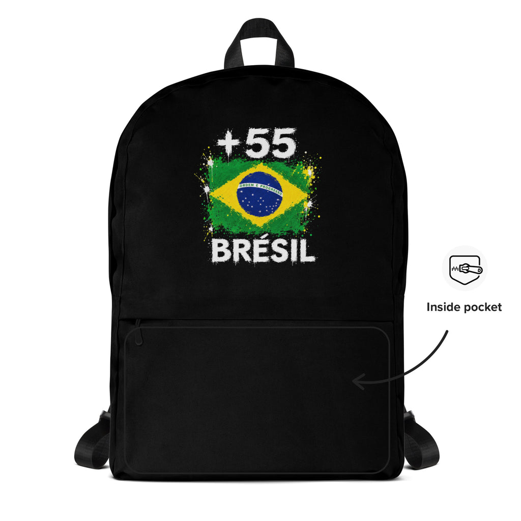 Sac à Dos Brésil +55 - Noir avec drapeau floqué effet éclaboussure de peinture - vue détaillée - Indicatif Fier