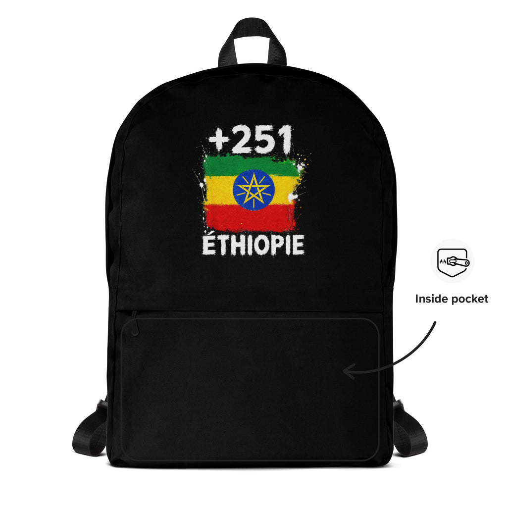 Sac à Dos Éthiopie +251 - Noir avec drapeau floqué effet éclaboussure de peinture - vue détaillée - Indicatif Fier