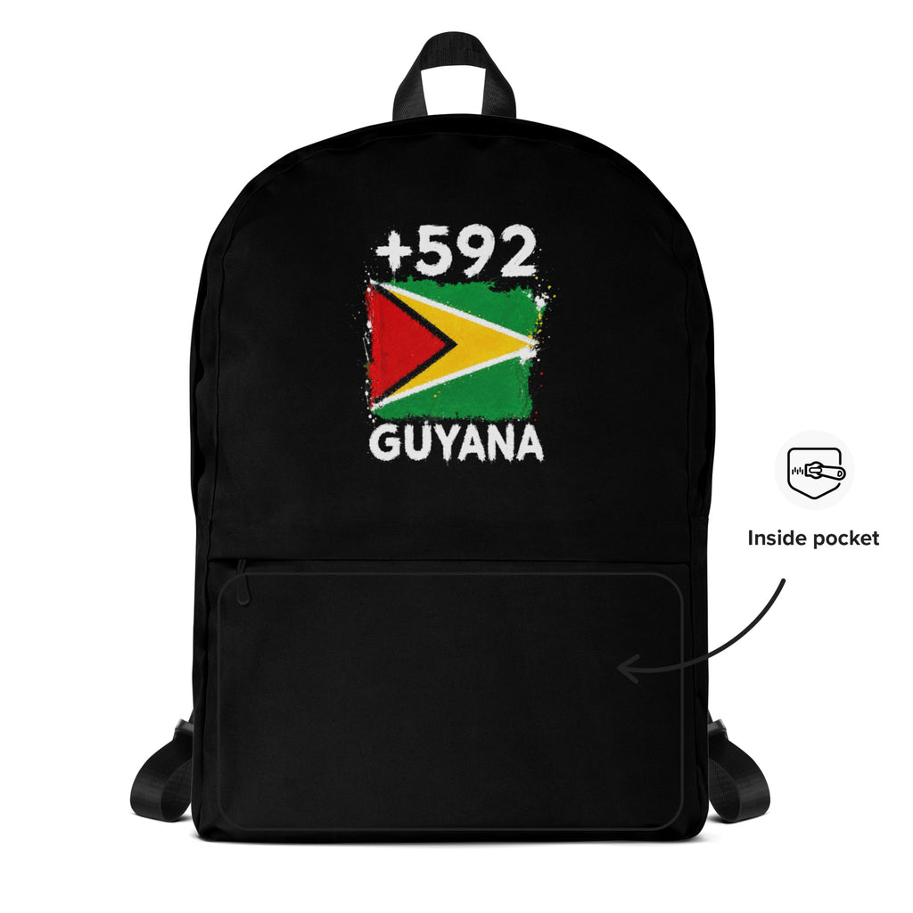 Sac à Dos Guyana +592 - Noir avec drapeau floqué effet éclaboussure de peinture - vue détaillée - Indicatif Fier