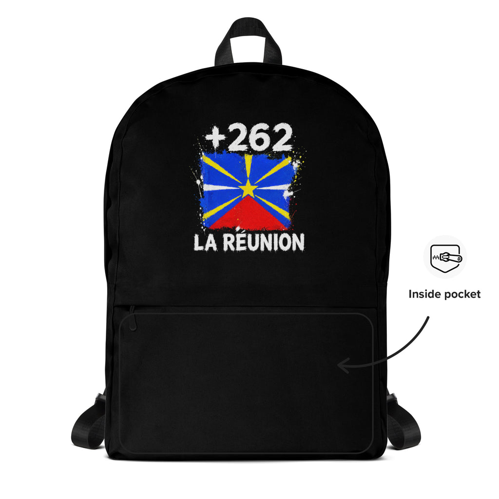 Sac à Dos La Réunion +262 - Noir avec drapeau floqué effet éclaboussure de peinture - vue détaillée - Indicatif Fier