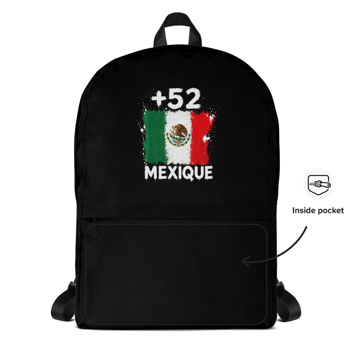 Sac à Dos Mexique +52 - Noir avec drapeau floqué effet éclaboussure de peinture - vue détaillée - Indicatif Fier