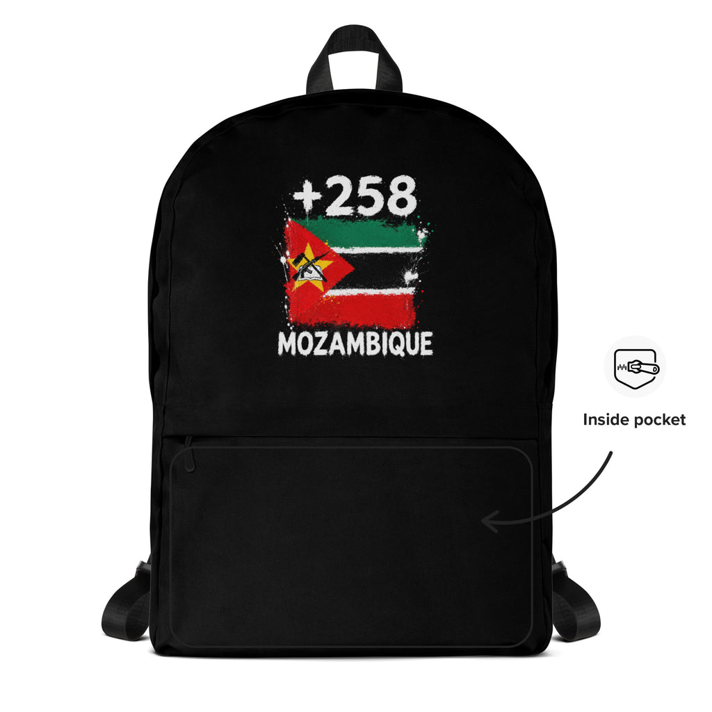 Sac à Dos Mozambique +258 - Noir avec drapeau floqué effet éclaboussure de peinture - vue détaillée - Indicatif Fier