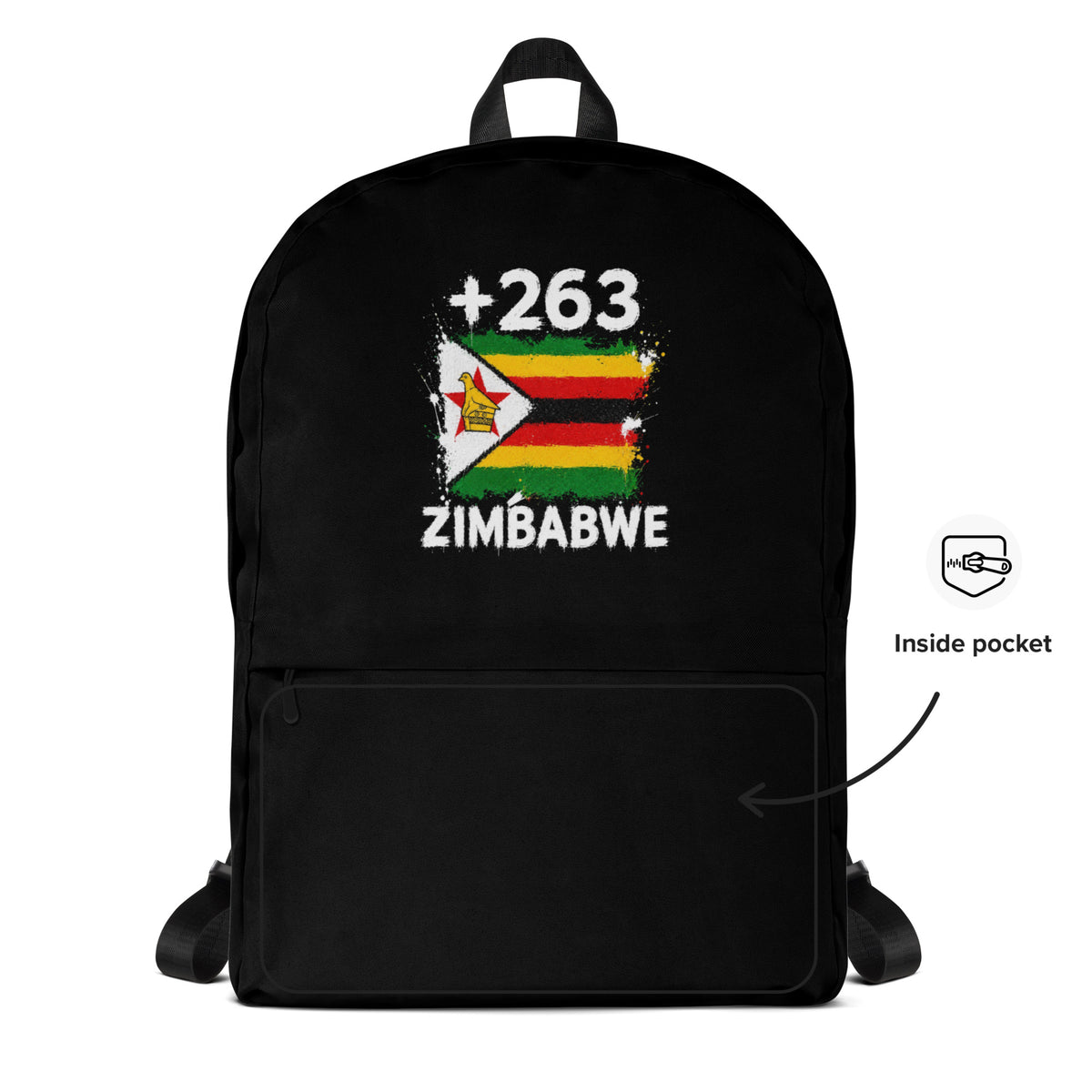 Sac à Dos Zimbabwe +263 - Noir avec drapeau floqué effet éclaboussure de peinture - vue détaillée - Indicatif Fier