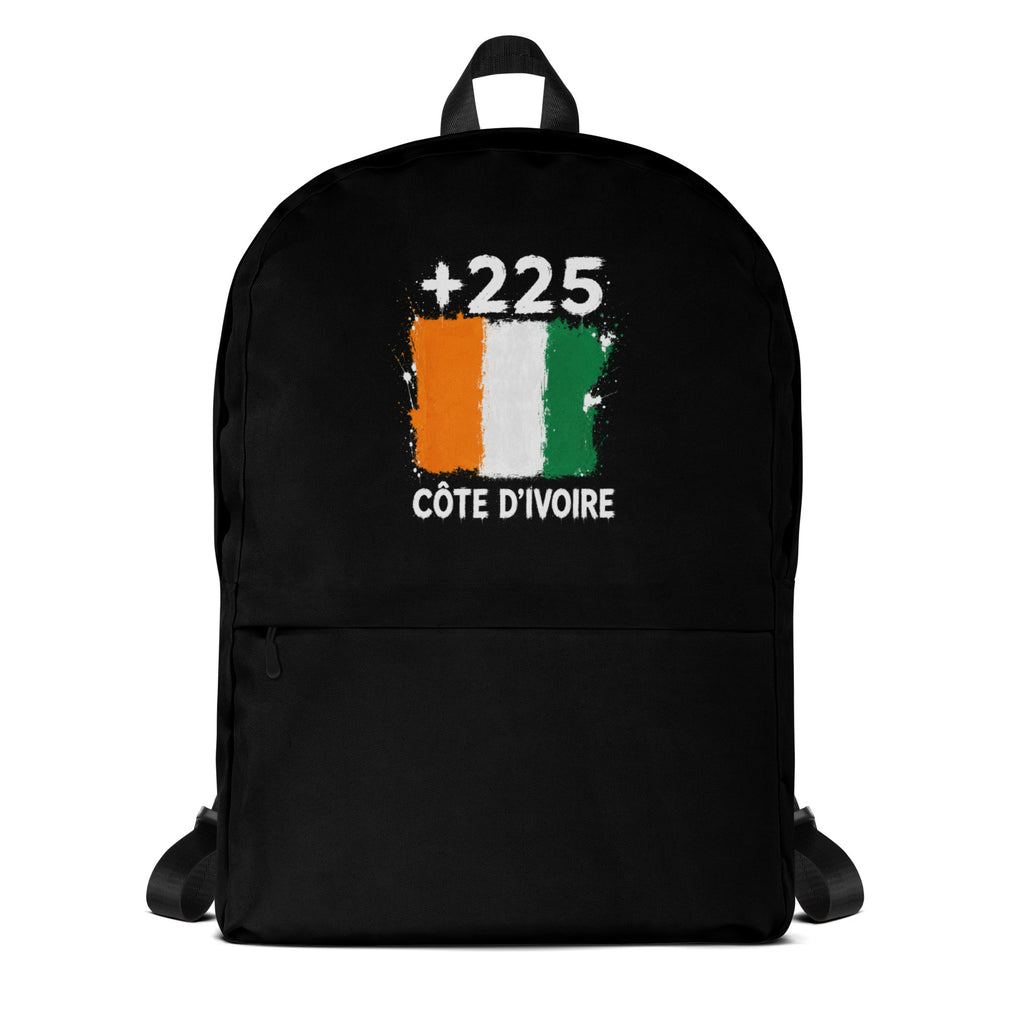 Sac à Dos Côte d'Ivoire +225 noir vue de face, design drapeau ivoirien