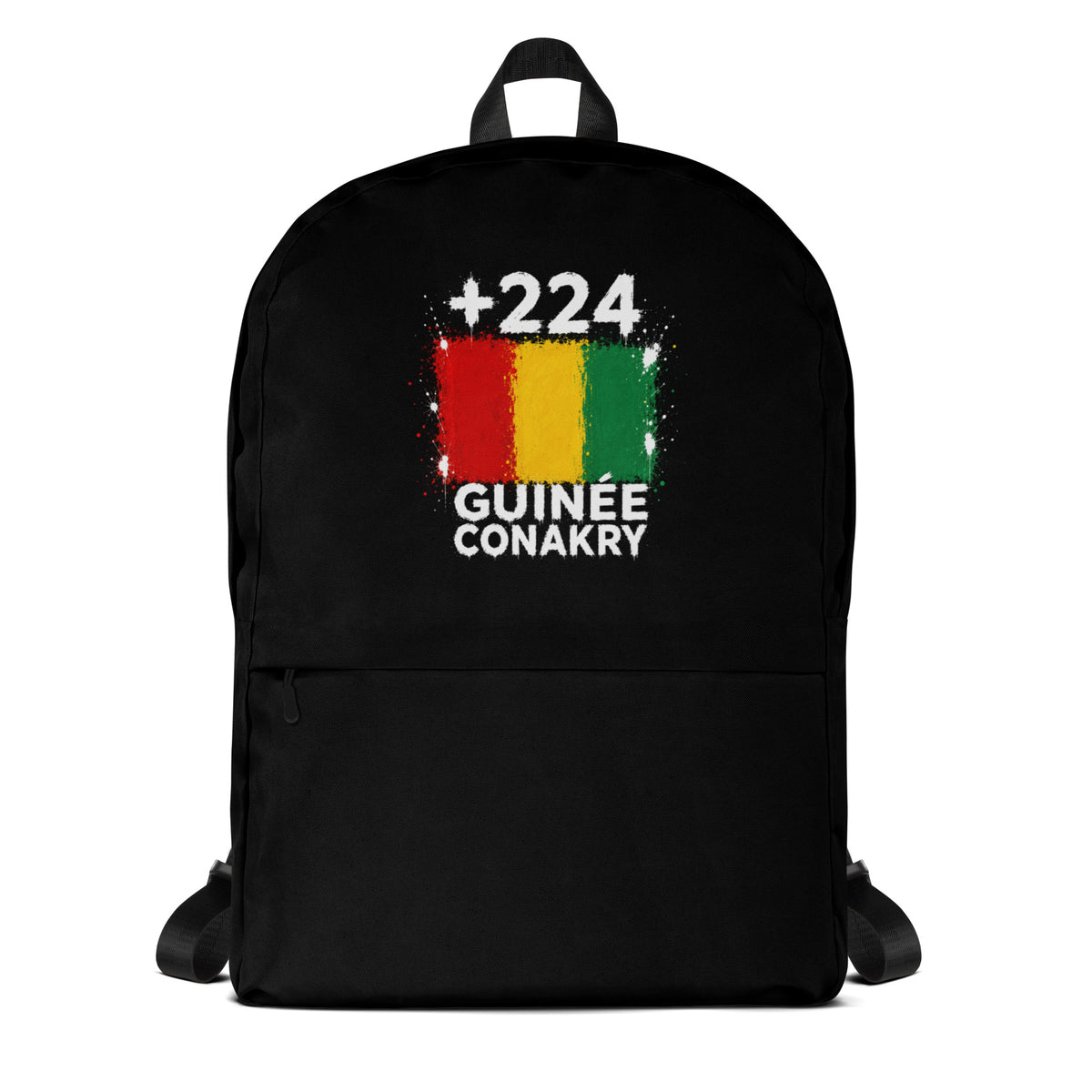 Sac à Dos Guinée Conakry +224 noir vue de face, design drapeau guinéen