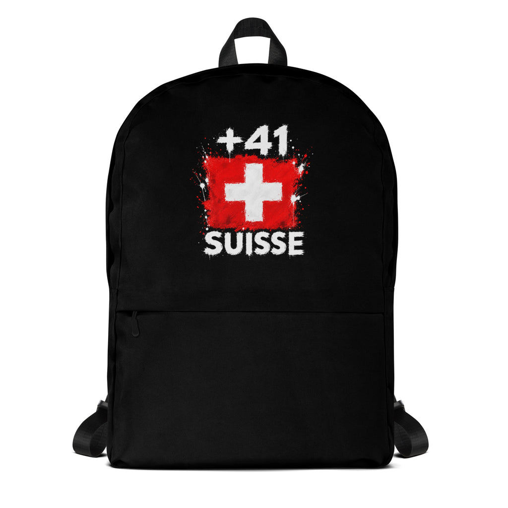 Sac à Dos Suisse +41 noir vue de face, design drapeau suisse