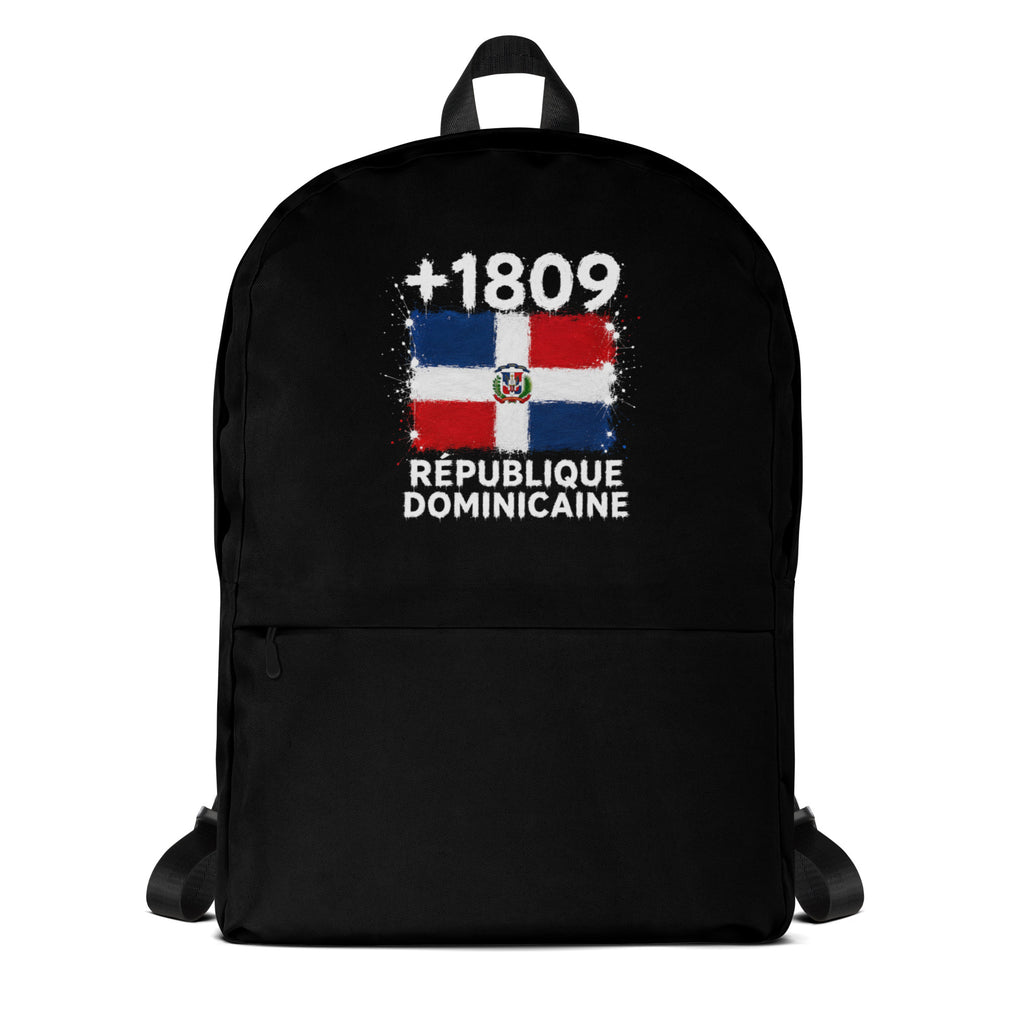 Sac à Dos République Dominicaine +1809 noir vue de face, design drapeau dominicain