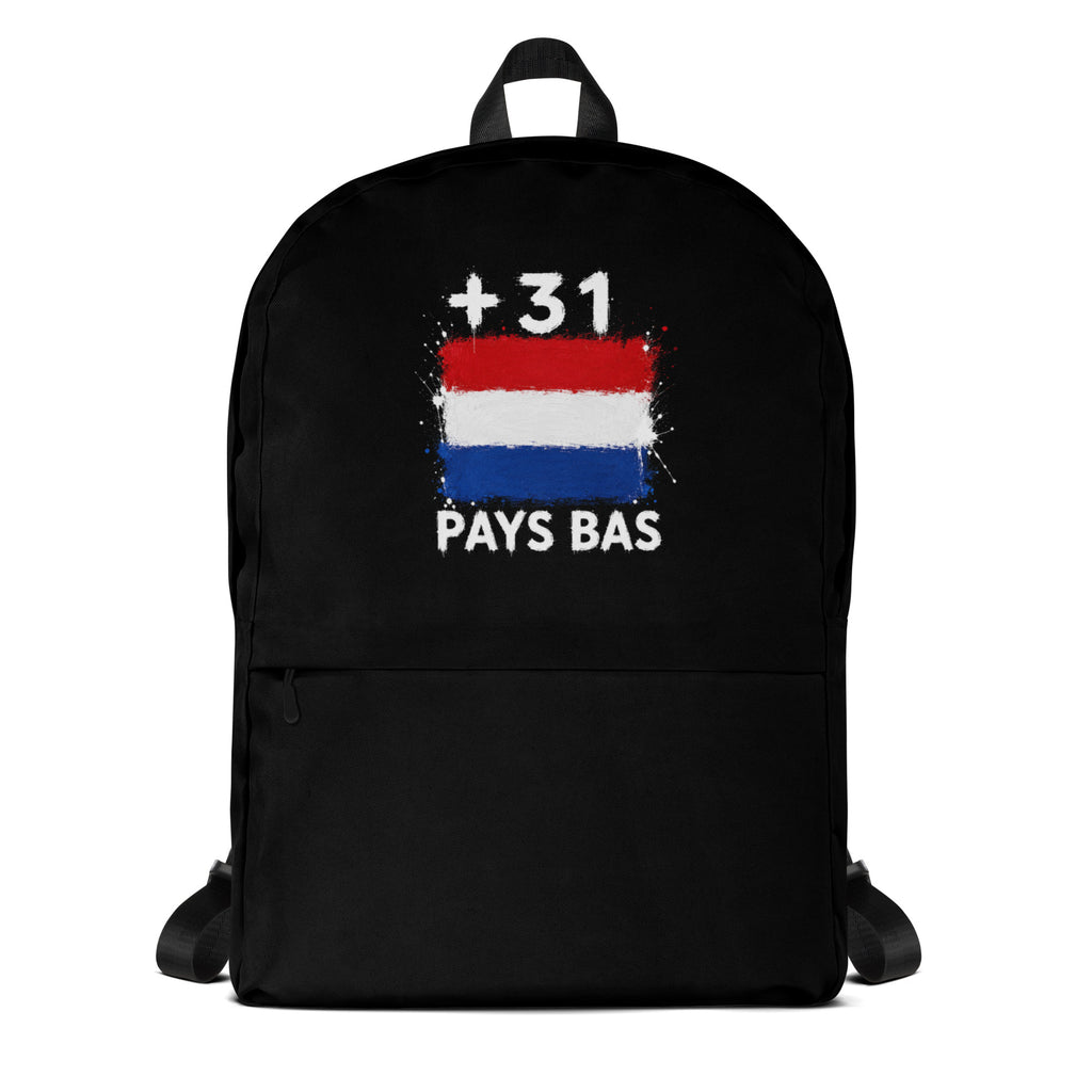 Sac à Dos Pays-Bas +31 noir vue de face, design drapeau néerlandais