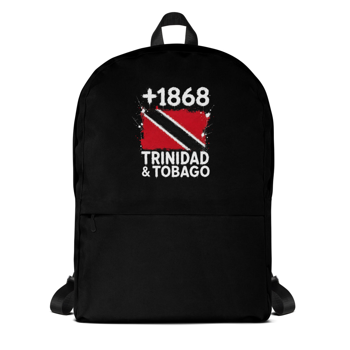 Sac à Dos Trinidad & Tobago +1868 noir vue de face, design drapeau trinidadien