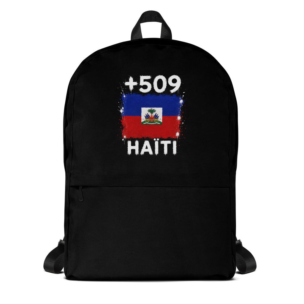 Sac à Dos Haïti +509 noir vue de face, design drapeau haïtien