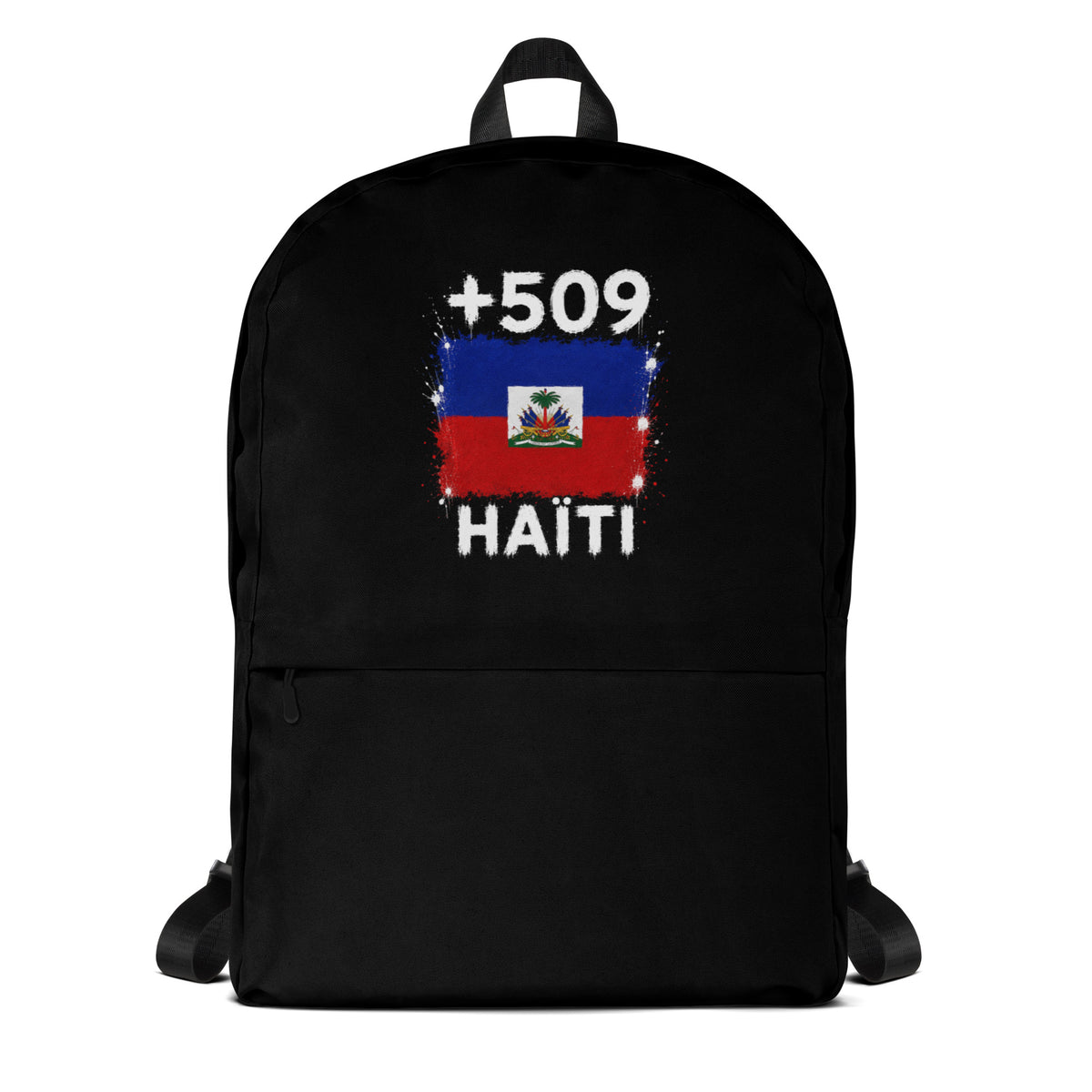 Sac à Dos Haïti +509 noir vue de face, design drapeau haïtien