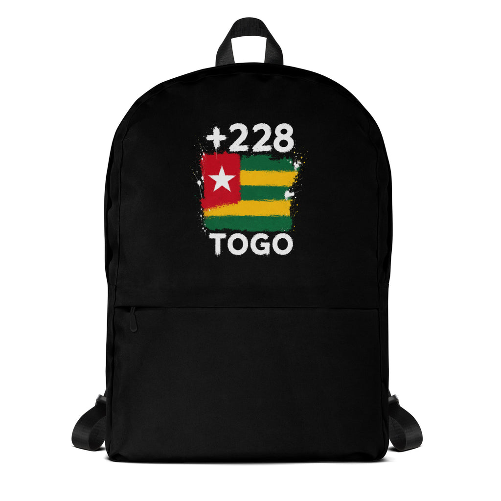 Sac à Dos Togo +228 noir vue de face, design drapeau togolais