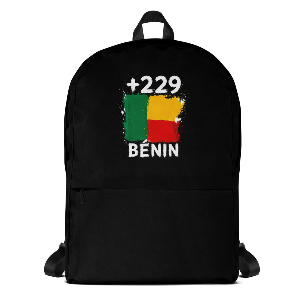 Sac à Dos Bénin +229 noir vue de face, design drapeau béninois