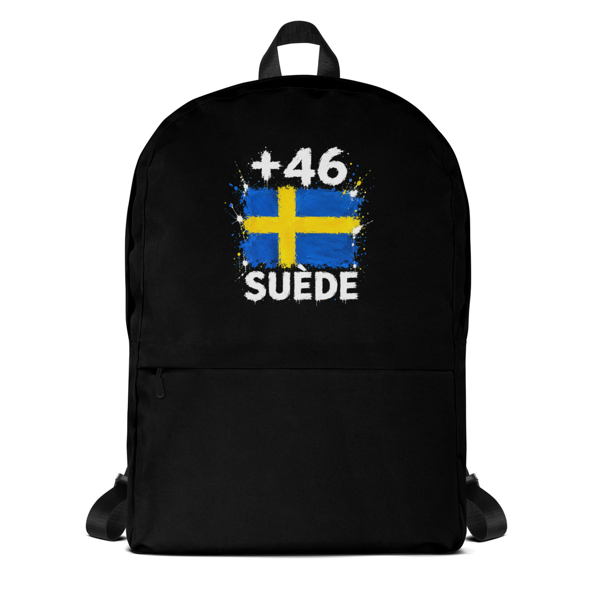 Sac à Dos Suède +46 noir vue de face, design drapeau suédois