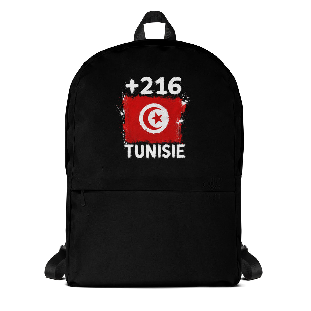 Sac à Dos Tunisie +216 noir vue de face, design drapeau tunisien
