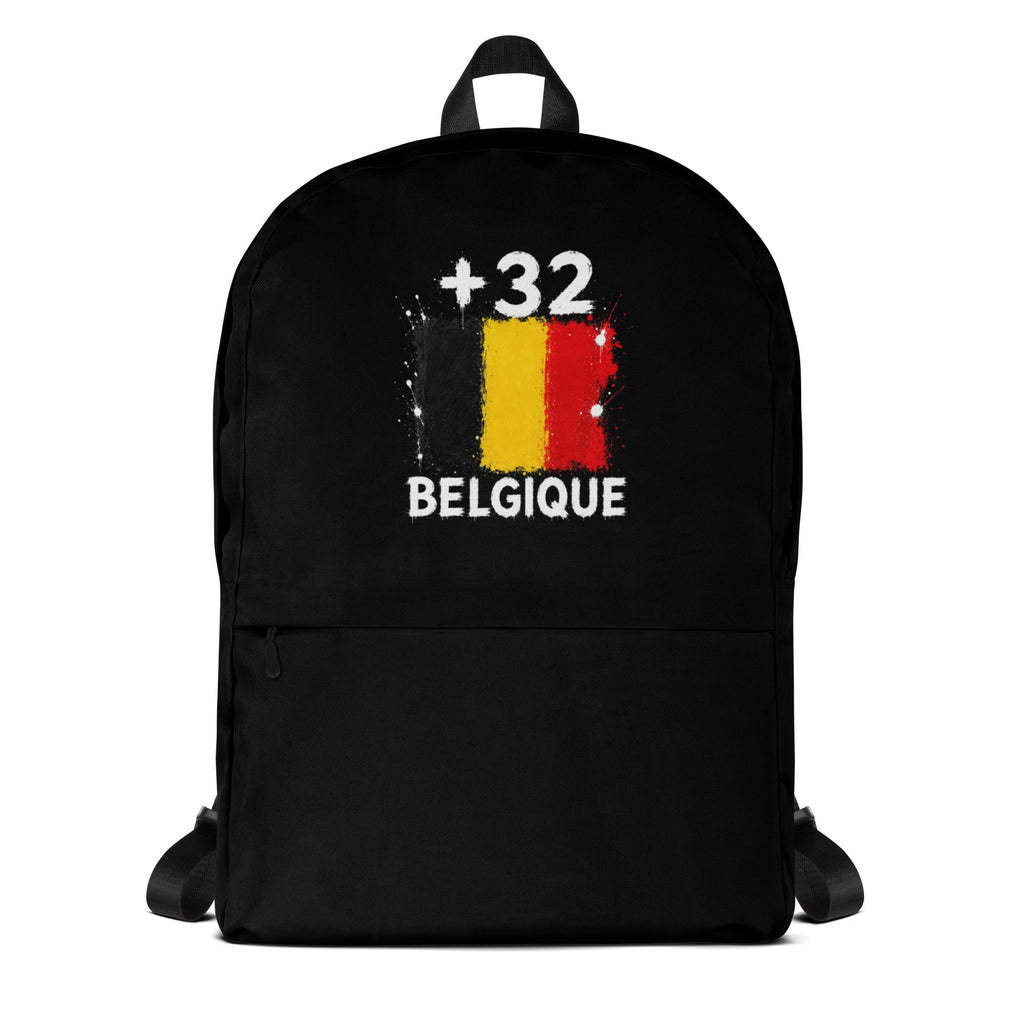 Sac à Dos Belgique +32 noir vue de face, design drapeau belge